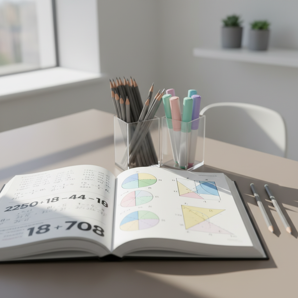 An open hardcover mathematics workbook, its pages filled with clearly printed number problems and colorful diagrams, positioned beside a transparent acrylic desk organizer filled with sharpened pencils and pastel highlighters. The setup rests atop a smooth, uncluttered taupe desk surface in a bright, minimalist home office. Early afternoon sunlight streams in from a large window, creating distinct but soft highlights on the pages and subtle, elongated shadows. The camera is positioned for a close-up, high-angle shot to emphasize the inviting nature of learning materials and the clean, organized environment. The mood is nurturing and focused, reflecting a photographic, modern corporate style that aligns with the tutoring site’s professional essence.