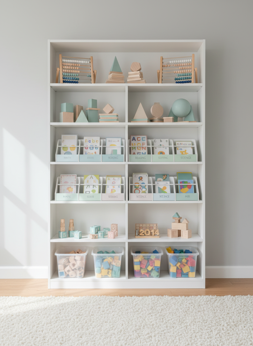 A modern, pristine white bookshelf filled with neatly arranged children’s learning materials—math manipulatives such as abacuses, geometric solids, and flashcards—all in soft pastel and neutral tones, with clean plastic storage bins on lower shelves. The bookshelf stands against a smooth light-grey wall in a quietly elegant living room setting. Soft, ambient natural daylight bathes the scene, creating gentle highlights on the objects’ surfaces while maintaining overall balanced exposure. The composition uses a centered, symmetrical frame with sharp detail throughout, evoking a mood of structure and academic readiness. The image employs photographic realism with a clean, structured corporate style to reinforce the site’s professional, educational ethos.