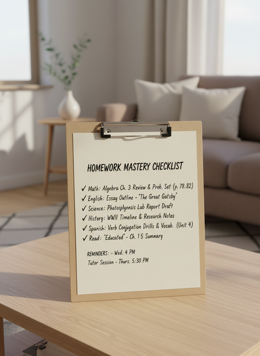 A high-quality, neutral-colored clipboard holding a comprehensive, handwritten homework checklist in precise, legible script, accented with tidy check marks and positioned on a light oak coffee table. The scene is set in a tastefully decorated, minimalist living area, featuring clean-lined Scandinavian décor in calming off-whites and warm greys. Soft morning sunlight diffuses from the side, illuminating the list and casting minimal, gentle shadows for visual clarity. The image is composed using a slightly elevated, rule-of-thirds approach with a shallow depth of field to subtly blur the background, fostering a focused and supportive atmosphere. The photographic realism and clear, structured composition perfectly suit a professional tutoring business website.