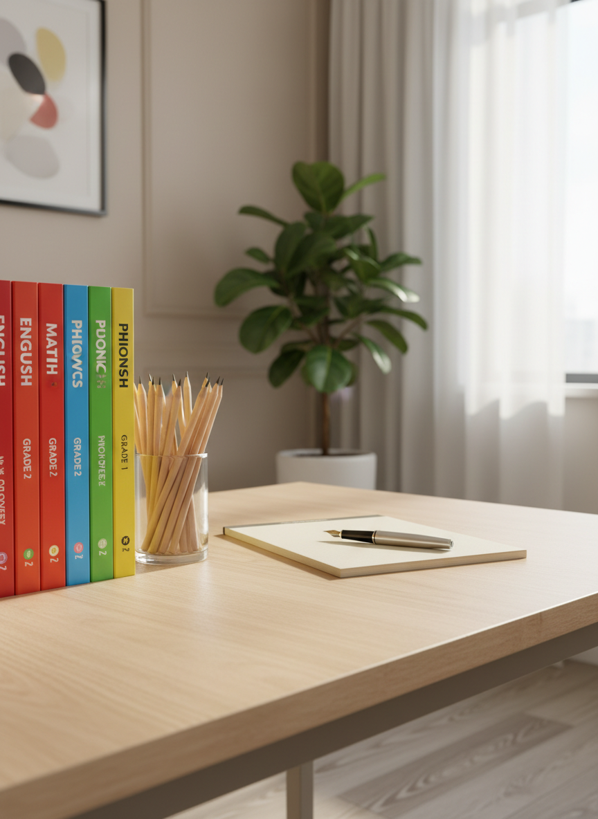 A meticulously organized wooden desk featuring a tidy stack of colorful primary-level English and mathematics textbooks, interspersed with high-quality graphite pencils, neatly sharpened, and an elegant neutral-toned notepad. The desk sits in a softly styled home study with clean lines and a subtle beige wall, complemented by a single potted ficus in the background. Natural diffused daylight filters gently through a nearby window, casting soft, balanced highlights and discrete shadows that create a calm, inviting workspace. Captured from an eye-level, slightly offset angle that emphasizes an uncluttered, orderly composition. The mood is peaceful, professional, and supportive, embodying a photographic realism and minimalist, corporate aesthetic aligned for a tutoring business site.